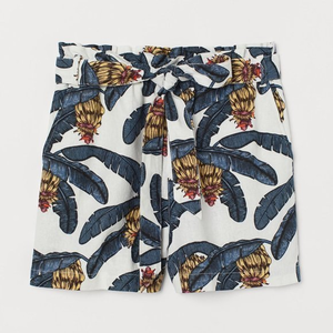 DESMOND & DEMPSEY x H&M Linen-blend Paper-bag Banana Leaves Exotic Belted Shorts